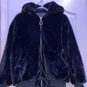 Reversible black faux fur coat